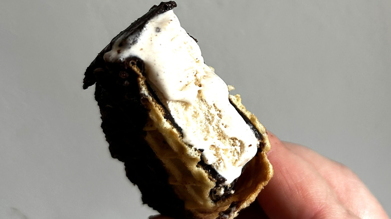 Half-eaten Churro Ice Cream Taco being held up
