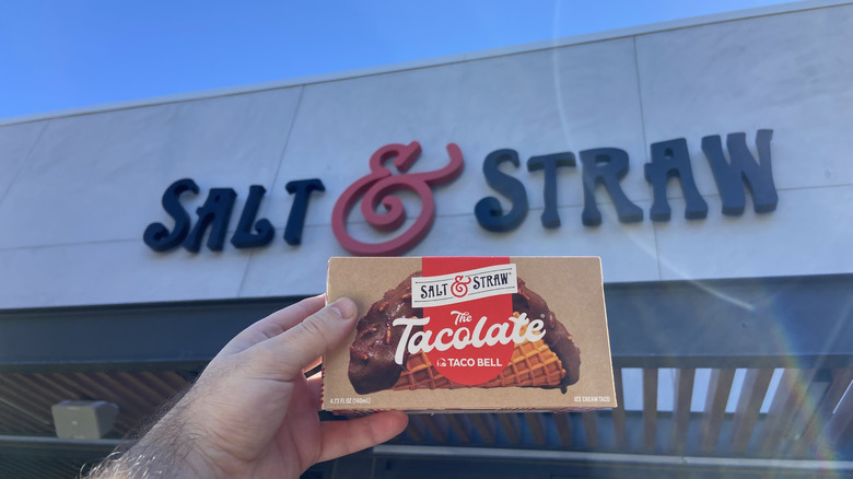 Tacolate box in front of Salt & Straw storefront