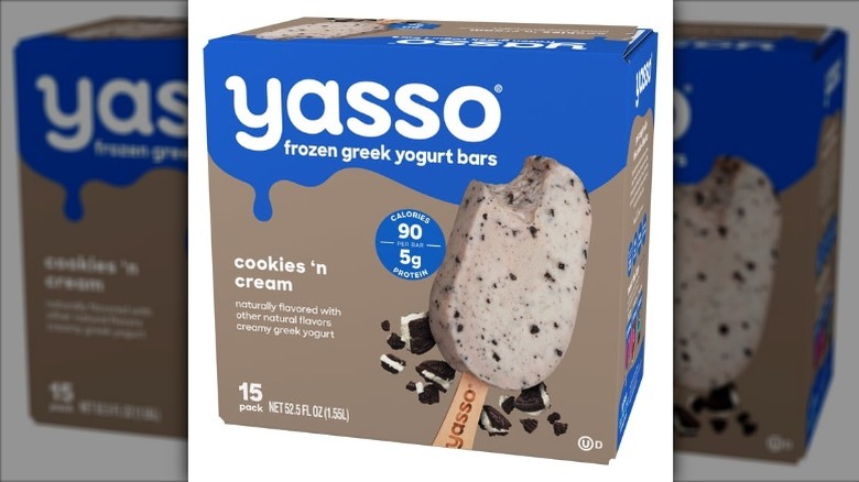 box of Yasso cookies 'n cream-flavored frozen Greek yogurt bars