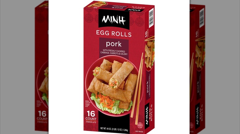 Box of Minh Pork Egg Rolls on a white background