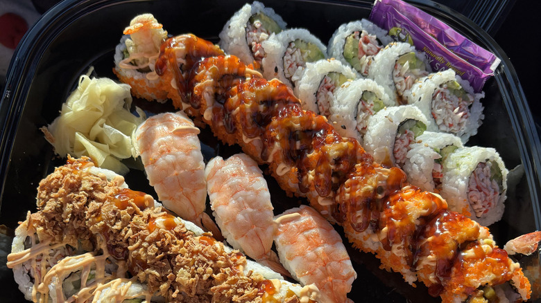 The 44-piece sushi platter from Sam's Club alongside some ginger and soy sauce