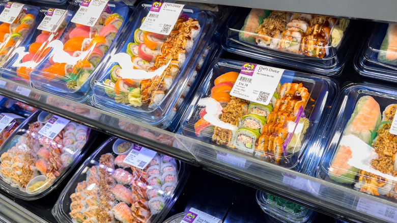 Several platters of sushi on display at Sam's Club