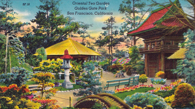 A painted postcard from the 1930s depicting the San Francisco Japanese Tea Garden