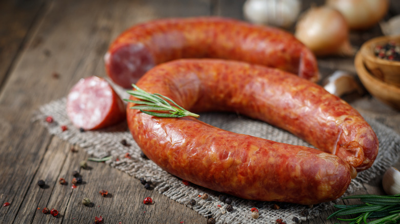 Smoked sausage on table