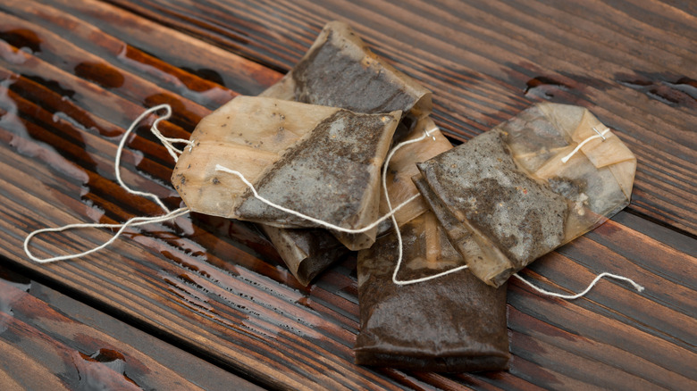 Used tea bags on a wooden surface