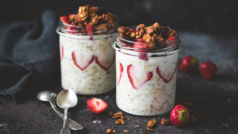 Overnight oats dessert with strawberries