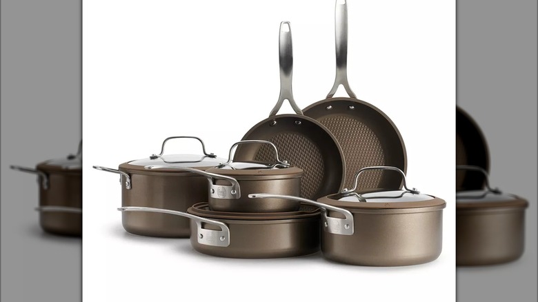 Food Network 10-piece titanium cookware set on white background