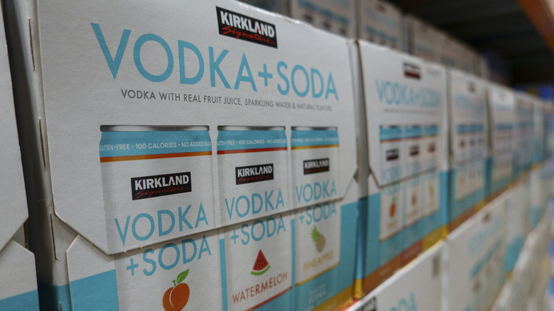 Cases of Kirkland Signature's vodka soda stacked together.