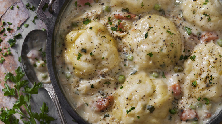 An up-close view of biscuits on top of soup