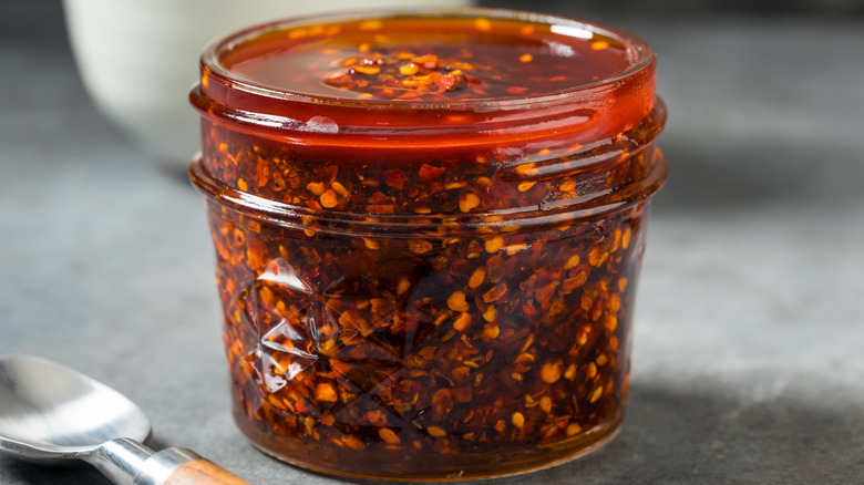 A jar of homemade crunchy chili oil
