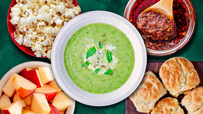 Creamy soup surrounded with various toppings