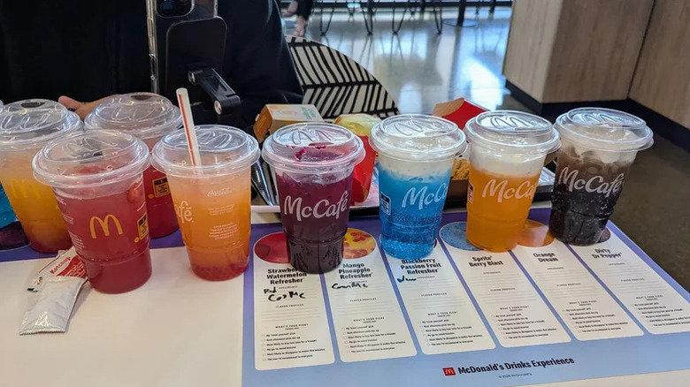 McDonald's new specialty beverage line on a table for a tasting.