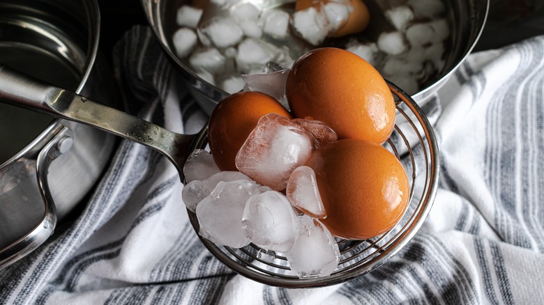 Boiled eggs being removed from ice bath