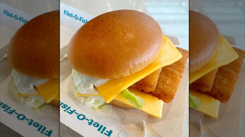 A McDonald's Filet-O-Fish with two fish patties, cheese, and sauce