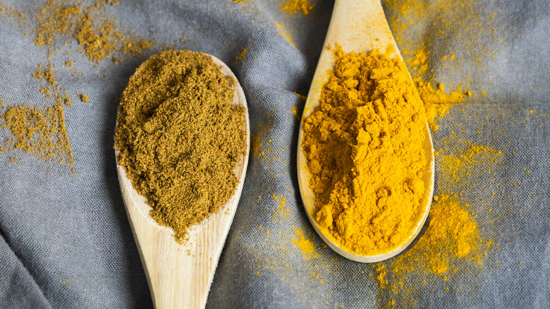 Two wooden spoons filled with different types of curry powder.