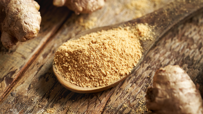 Ground ginger sitting in a wooden spoon surrounded by fresh ginger root.