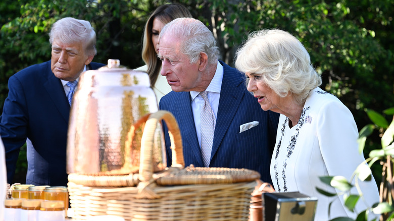 King Charles and Queen Camilla at afternoon tea with Donald and Melania Trump, all looking over the food on offer.