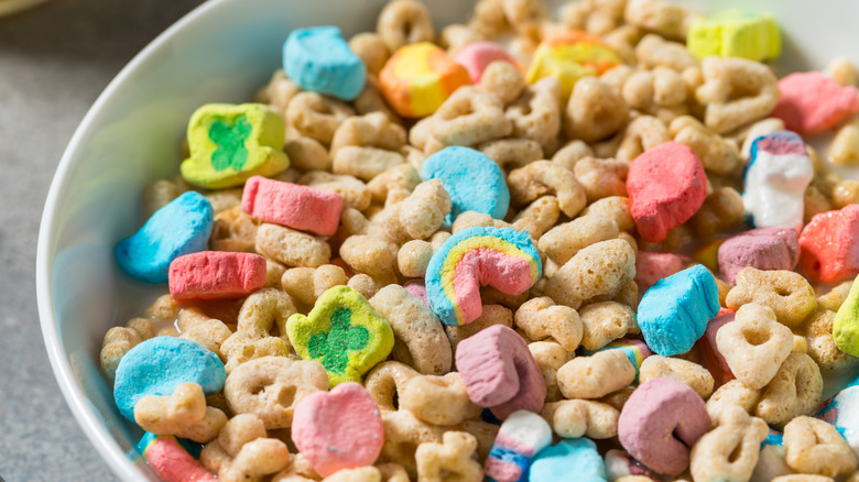 A bowl of colorful cereal.