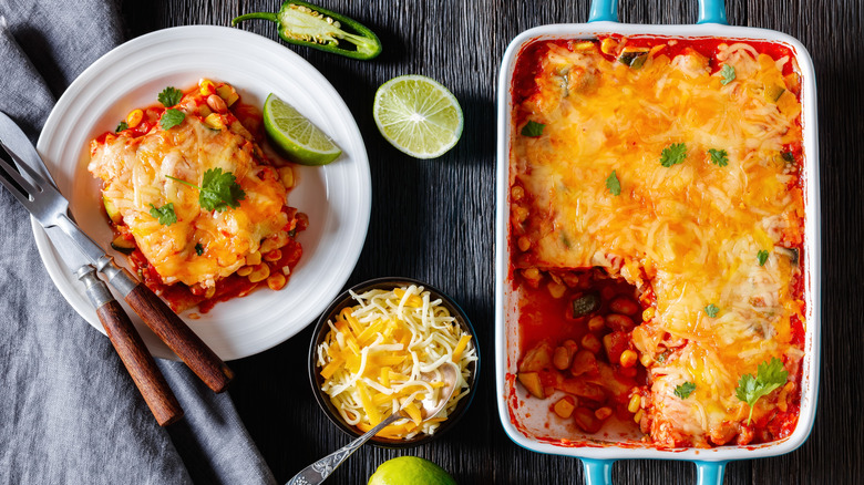 Plate and pan of Mexican lasagna taco casserole