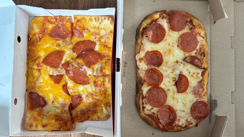 Sheetz rectangular pepperoni pizza on the left in takeout box; Wawa round pepperoni personal pizza on right in cardboard box