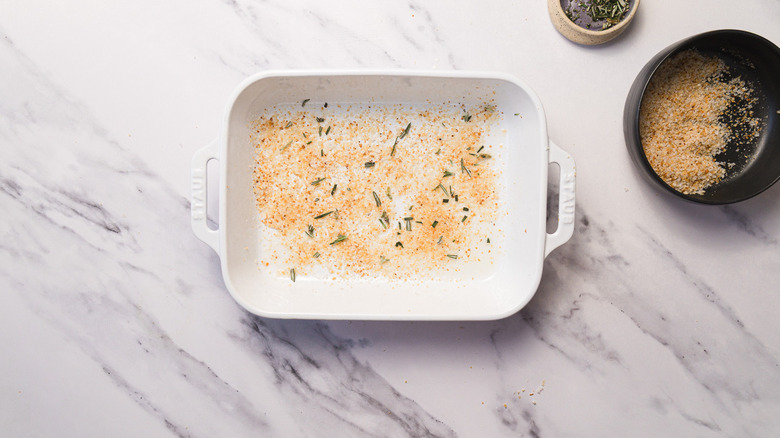 Casserole dish seasoned with breadcrumbs and rosemary