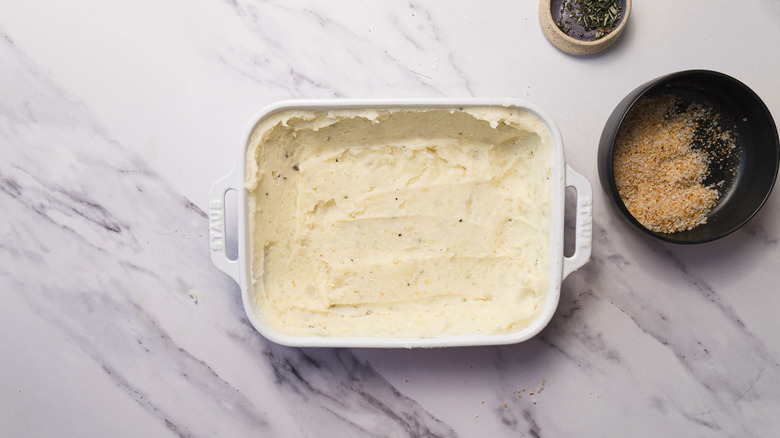 Casserole dish with mashed potato bottom