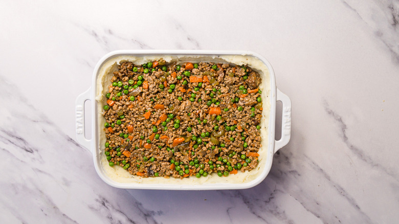 Casserole dish with shepherd's pie filling
