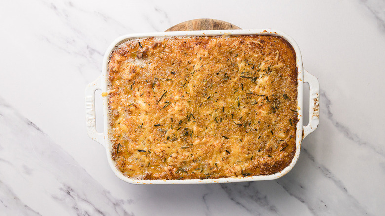 Baked shepherd's pie with aged cheddar and rosemary potato topping