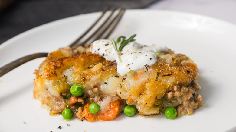 Close up on serving of shepherd's pie