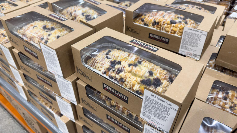 Kirkland Signature Lemon Blueberry Loaf boxes on display at Costco