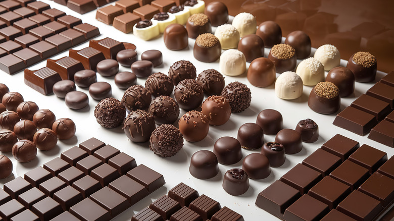 Various chocolate bars and truffles on display