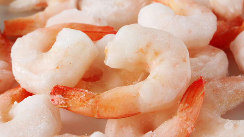 Closeup of frozen precooked shrimp