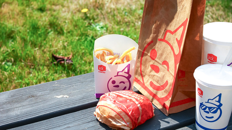 Bag of food, burger, fries, and a drink from Jack in the Box