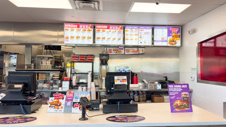 Front counter and menu board of a Jack in the Box