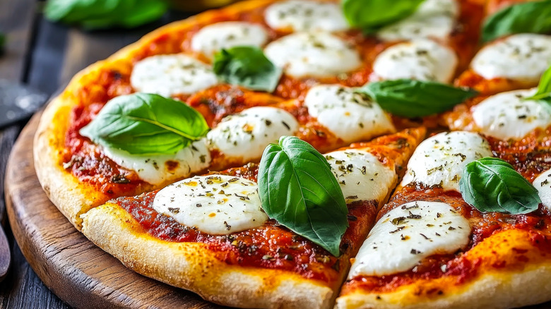 margherita pizza on a wooden platter