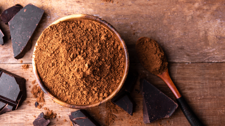 Bowl of cocoa powder and dark chocolate