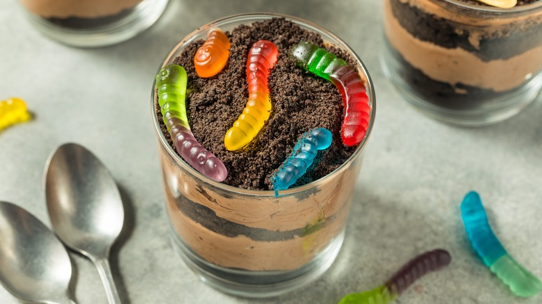 Chocolate pudding dirt cup with gummy worms