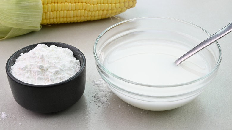 Cornstarch and a bowl of water mixed with cornstarch
