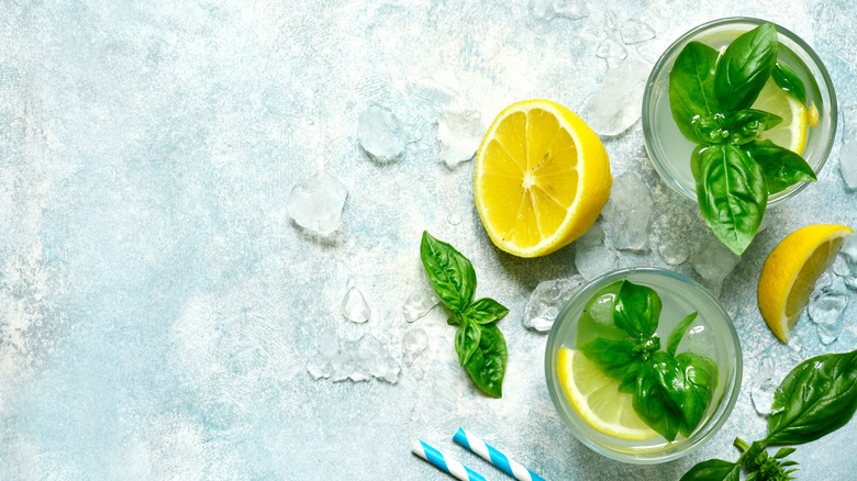 two glasses of basil lemonade garnished with fresh basil leaves and lemon slices shown with two blue and white striped straws, crushed ice, cut lemons, and more fresh basil