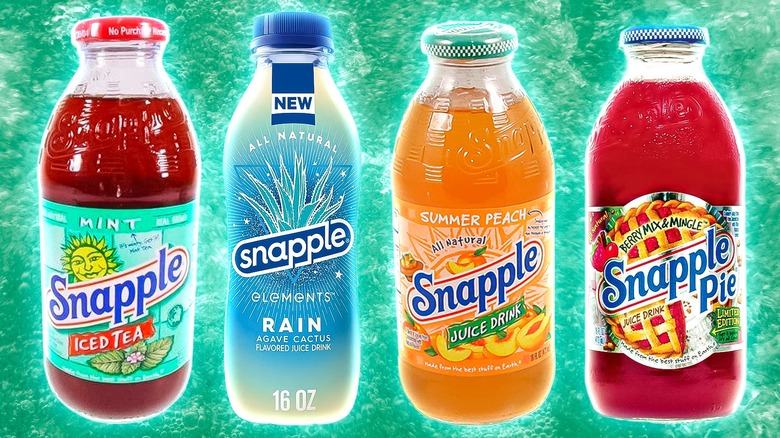 Composite image of four Snapple bottles on a green background