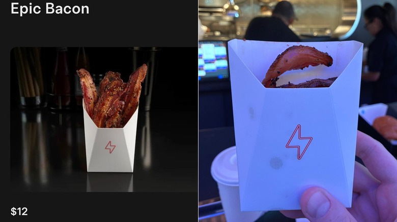 Advertisement image of Tesla Diner's Epic Bacon and picture of the actual product
