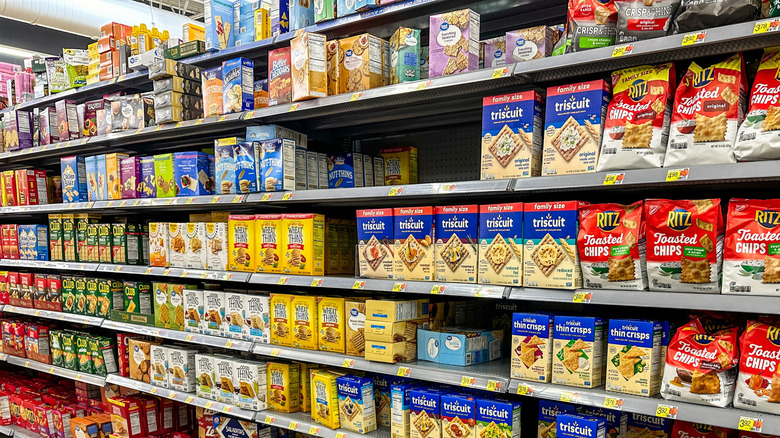 Boxes of crackers on grocery store shelf