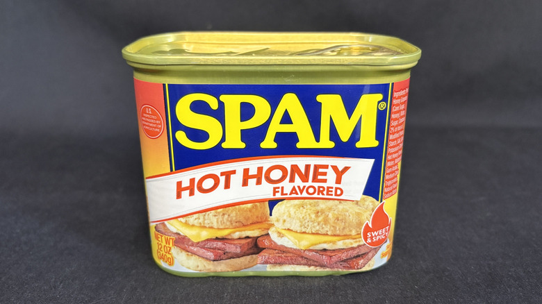 Can of SPAM Hot Honey on black background
