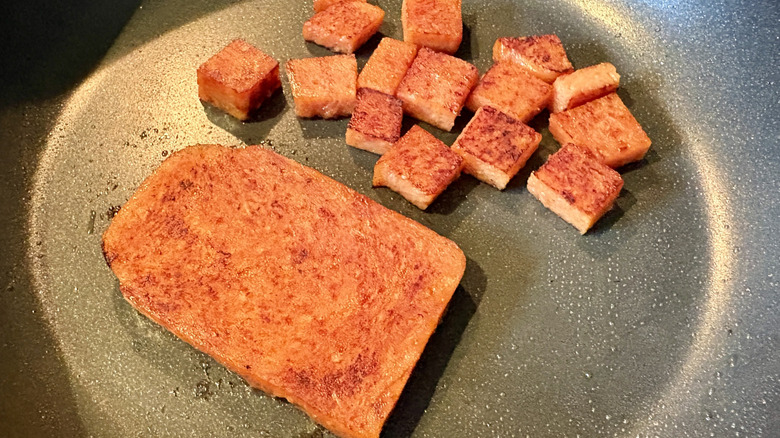 Fried SPAM in pan