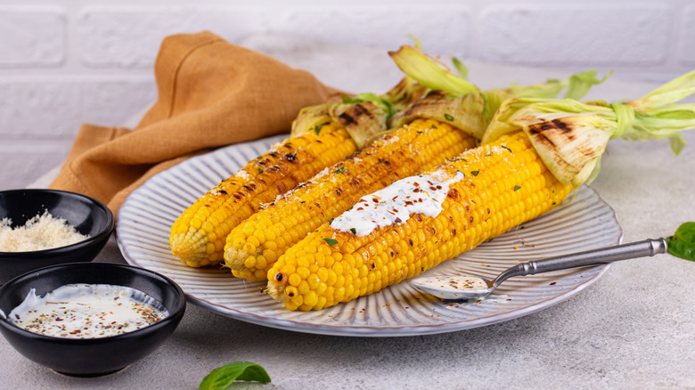 Grilled corn on the cob with creamy sauce and parmesan cheese sitting on a plate with sauces around.