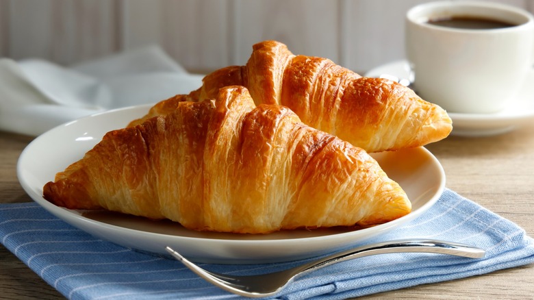 Two croissants sitting on white plate