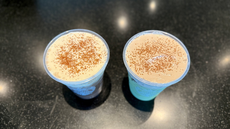 Top view of Starbucks Iced Dubai Chocolate Matcha and Iced Dubai Chocolate Mocha