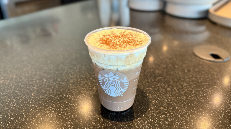Iced Dubai Chocolate Mocha on a counter