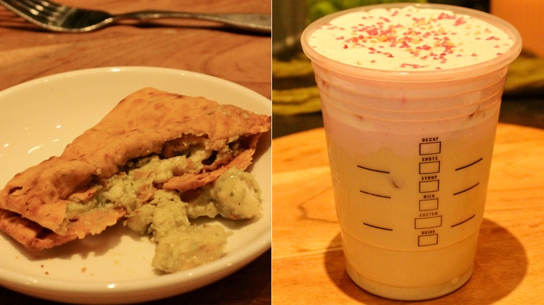 split image of chicken pocket and Starbucks Chai Latte with cold foam