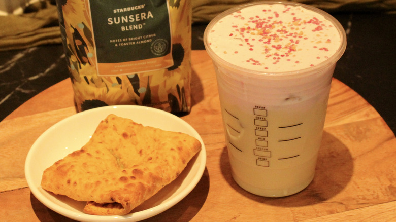 Iced Cherry Chai and Chicken Jalapeño Pocket on a plate